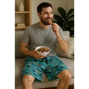 Sesame Street Pajama Sleep Shorts Adult Medium Blue Cookie Monster Loves Cookies